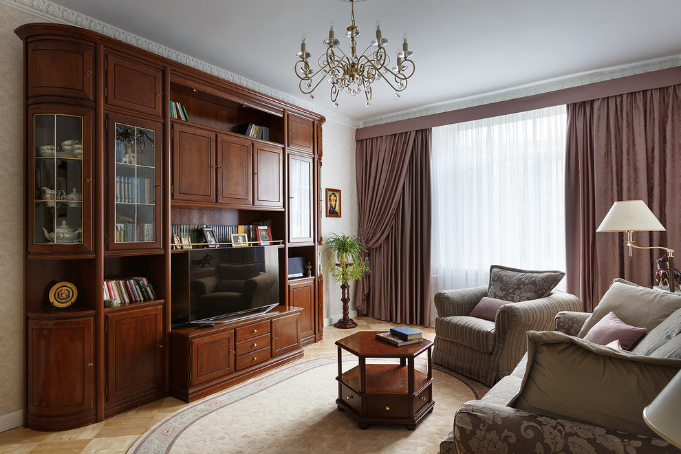Photo of a medium sized traditional formal open plan living room in Saint Petersburg with white walls, medium hardwood flooring, a built-in media unit and beige floors.