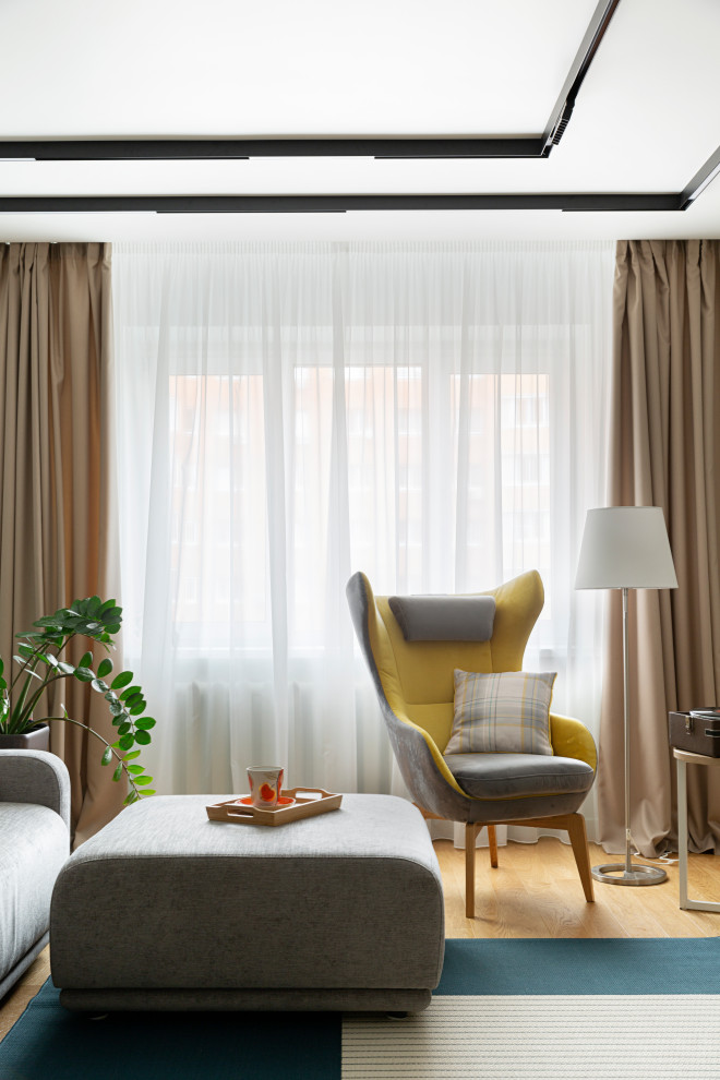Идея дизайна: гостиная комната среднего размера в скандинавском стиле