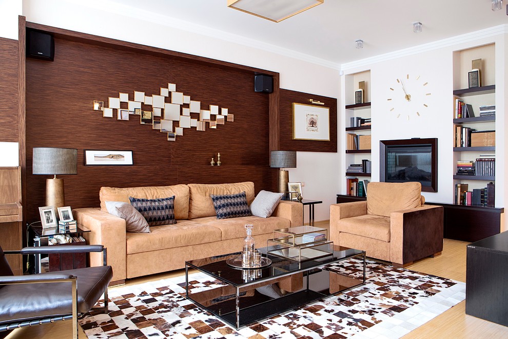 Photo of a contemporary living room in Moscow with white walls, medium hardwood flooring and a ribbon fireplace.