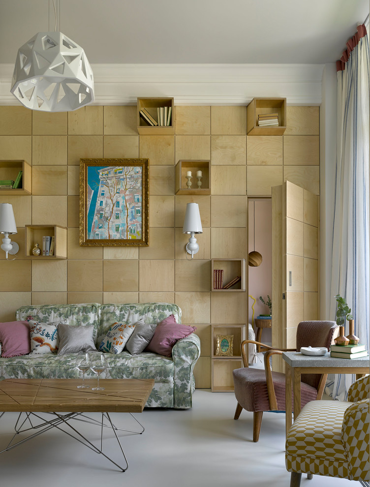 Источник вдохновения для домашнего уюта: гостиная комната в стиле фьюжн с бежевыми стенами и белым полом