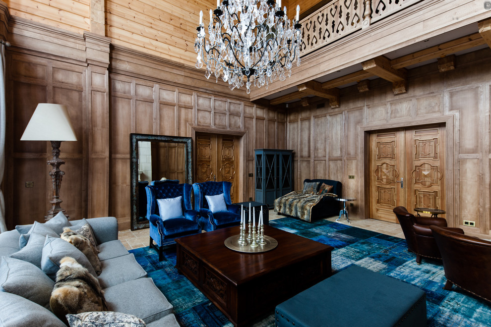 Пример оригинального дизайна: парадная гостиная комната в викторианском стиле с коричневыми стенами без камина, телевизора