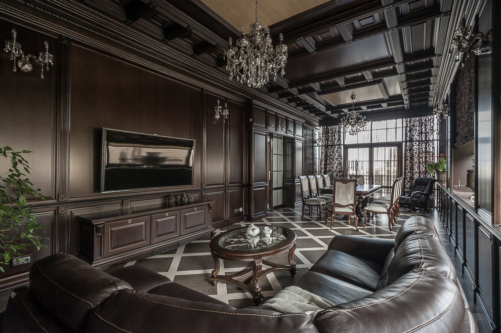 Идея дизайна: большая гостиная комната в классическом стиле с коричневыми стенами, полом из керамогранита, коричневым полом и телевизором на стене без камина