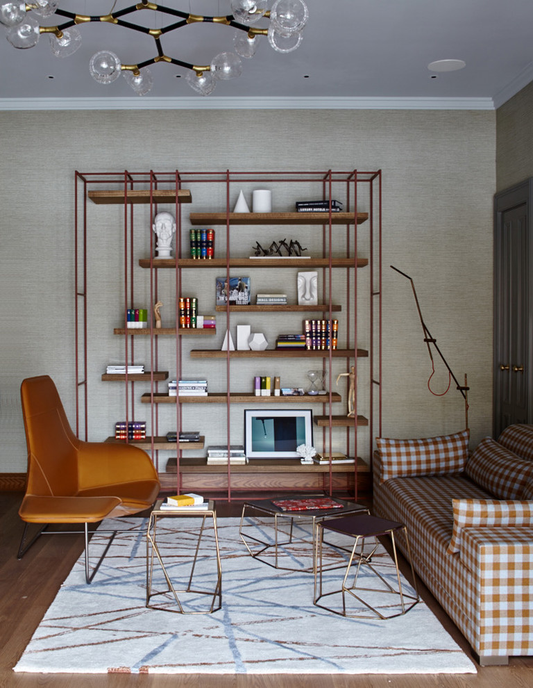 Свежая идея для дизайна: парадная гостиная комната в современном стиле с серыми стенами и ковровым покрытием - отличное фото интерьера