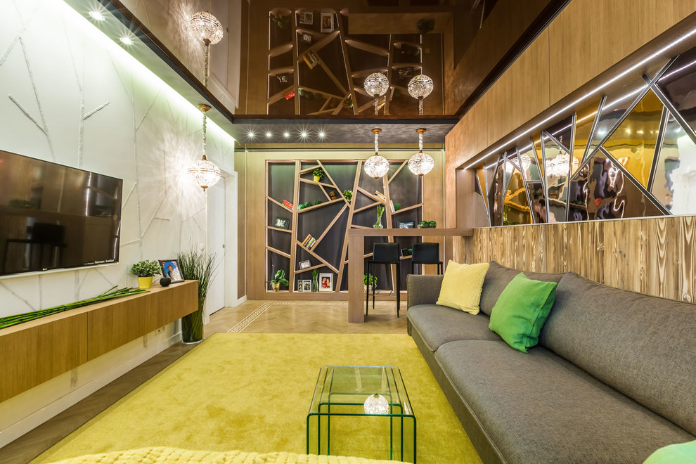 Ispirazione per un soggiorno minimal con angolo bar, pareti beige e pavimento beige
