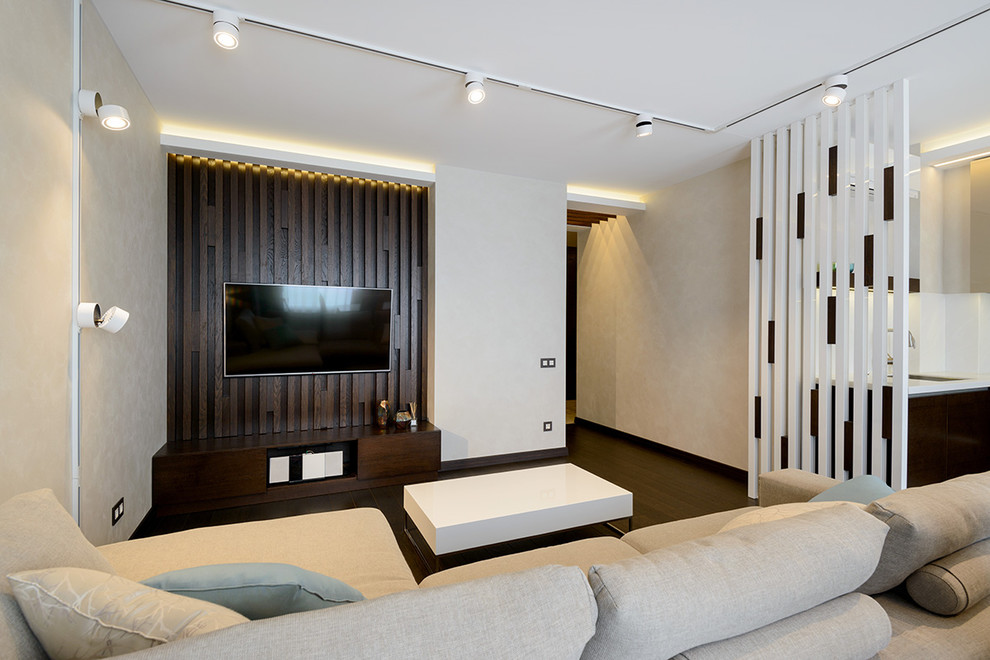 На фото: объединенная гостиная комната среднего размера в современном стиле с