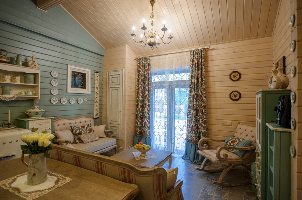 Diseño de salón romántico pequeño sin televisor con suelo de baldosas de cerámica