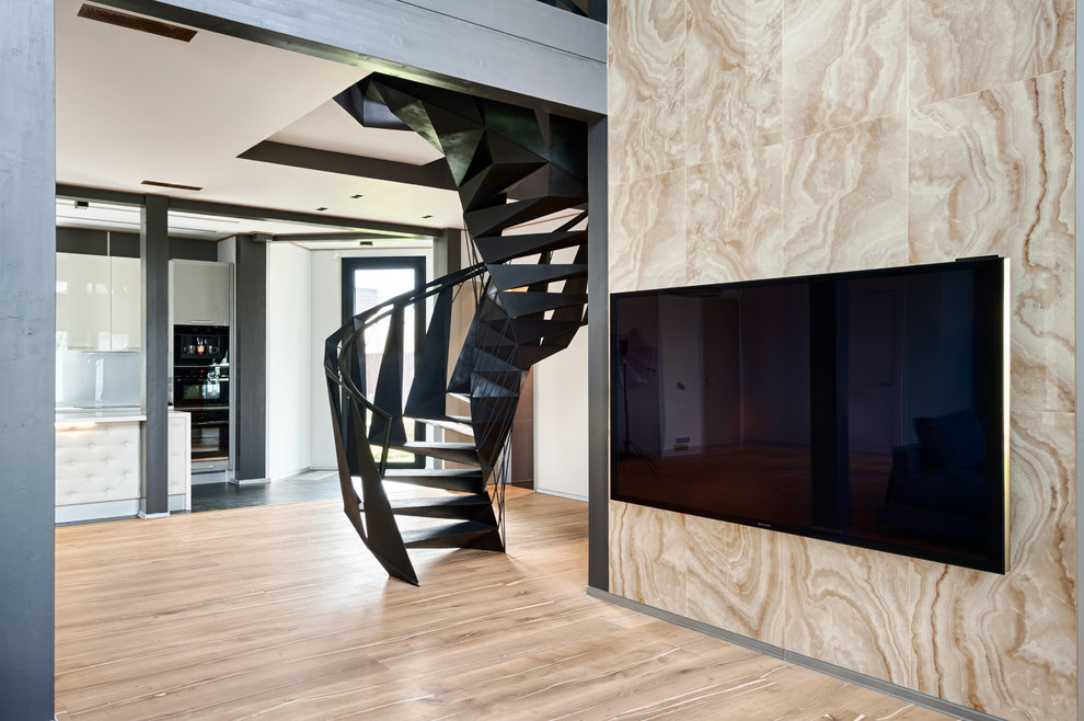 Ispirazione per un grande soggiorno contemporaneo aperto con TV a parete e pavimento beige