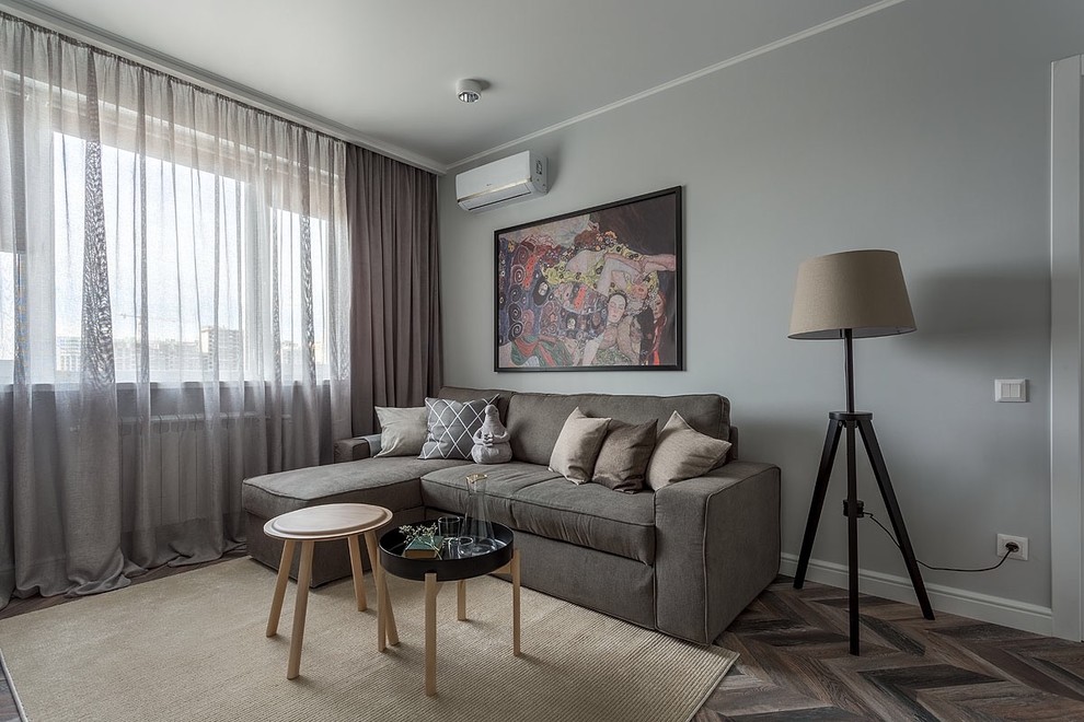 Источник вдохновения для домашнего уюта: гостиная комната в скандинавском стиле с серыми стенами и коричневым полом