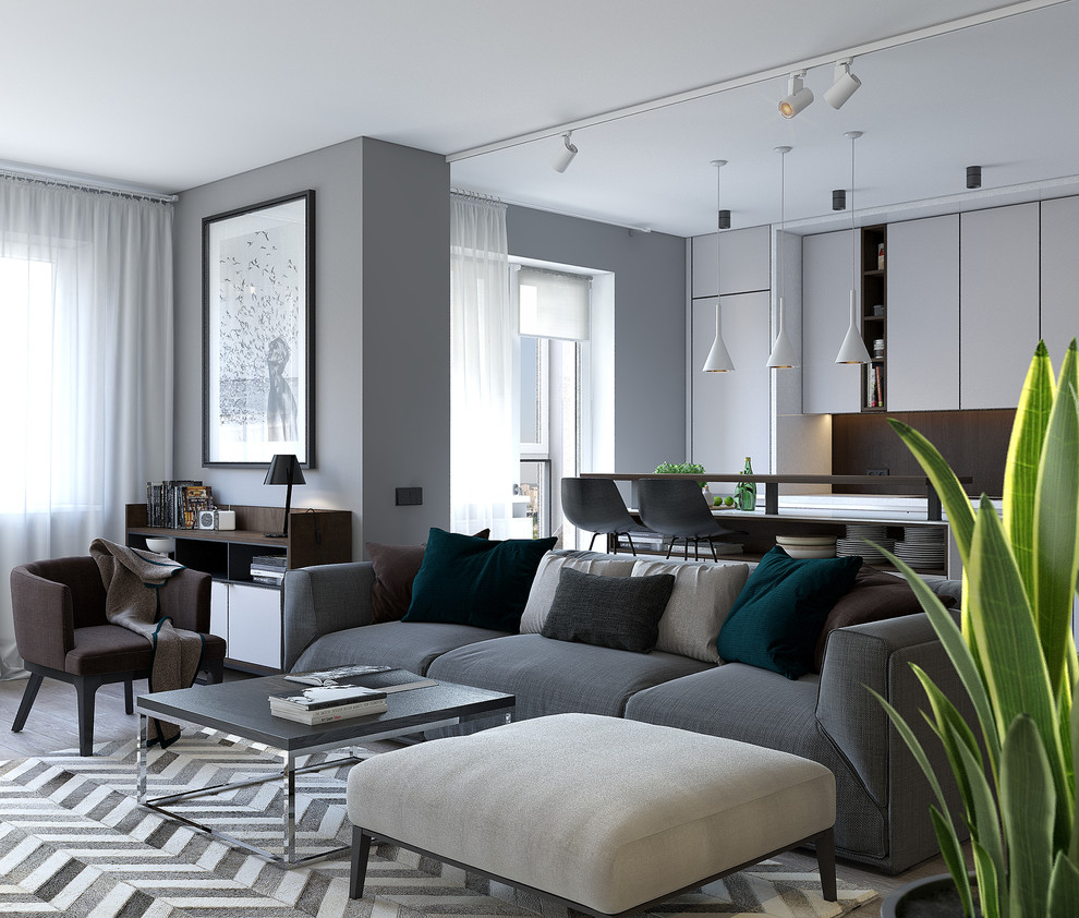 Свежая идея для дизайна: гостиная комната:: освещение в современном стиле с серыми стенами, паркетным полом среднего тона и коричневым полом - отличное фото интерьера