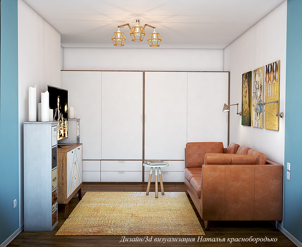 Immagine di un soggiorno nordico di medie dimensioni e chiuso con pareti multicolore, pavimento in legno massello medio, TV autoportante e pavimento marrone
