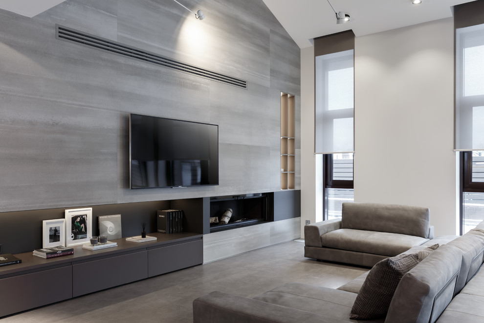 Пример оригинального дизайна: открытая гостиная комната в скандинавском стиле с телевизором на стене