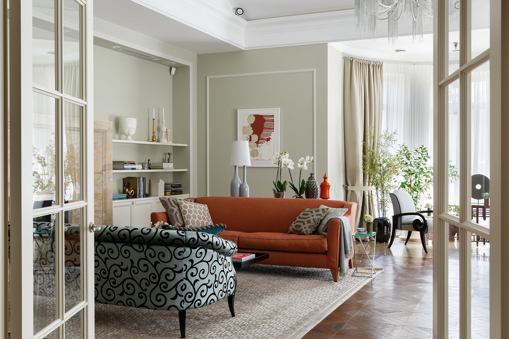 Idee per un soggiorno tradizionale con sala formale, pavimento in legno massello medio e pavimento marrone