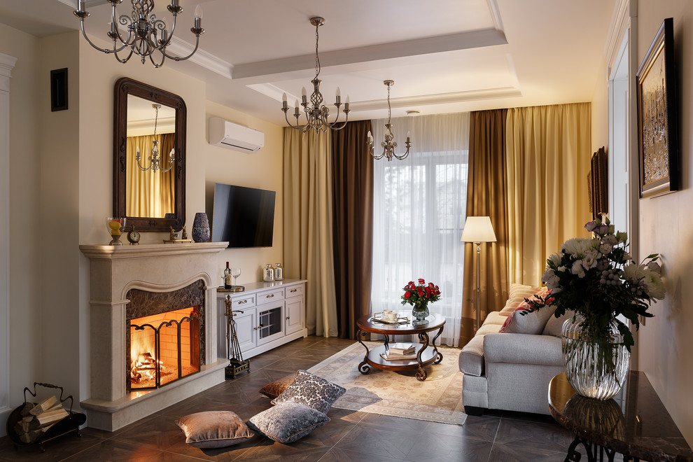 Example of a mid-sized classic open concept porcelain tile and brown floor living room design in Saint Petersburg with beige walls, a standard fireplace, a stone fireplace and a wall-mounted tv