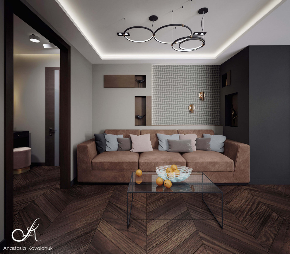Свежая идея для дизайна: парадная, открытая, объединенная гостиная комната среднего размера в современном стиле с серыми стенами, паркетным полом среднего тона и телевизором на стене - отличное фото интерьера
