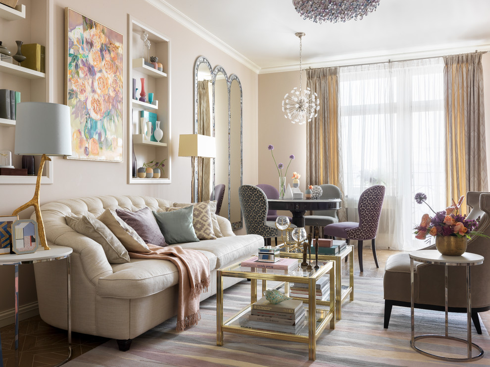 Classic formal open plan living room in Moscow with beige walls and feature lighting.