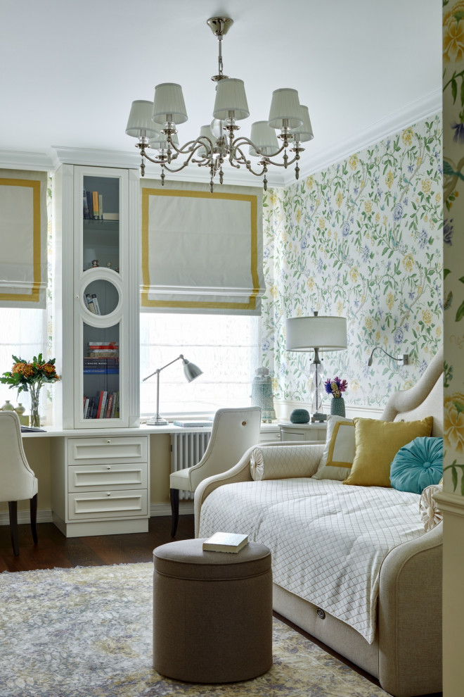 Family room - large traditional enclosed dark wood floor, brown floor and wallpaper family room idea in Moscow