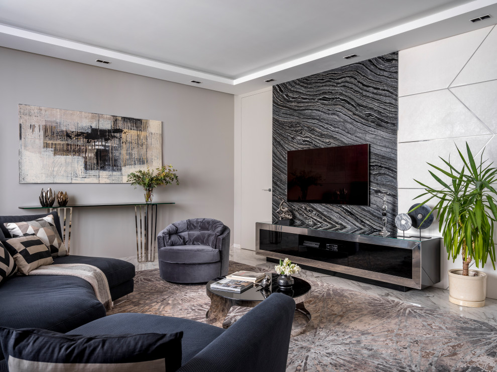 Living room - mid-sized contemporary formal and open concept porcelain tile and white floor living room idea in Moscow with gray walls and a wall-mounted tv
