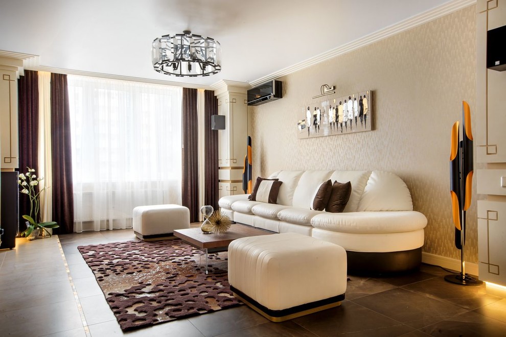Пример оригинального дизайна: большая гостиная комната в современном стиле