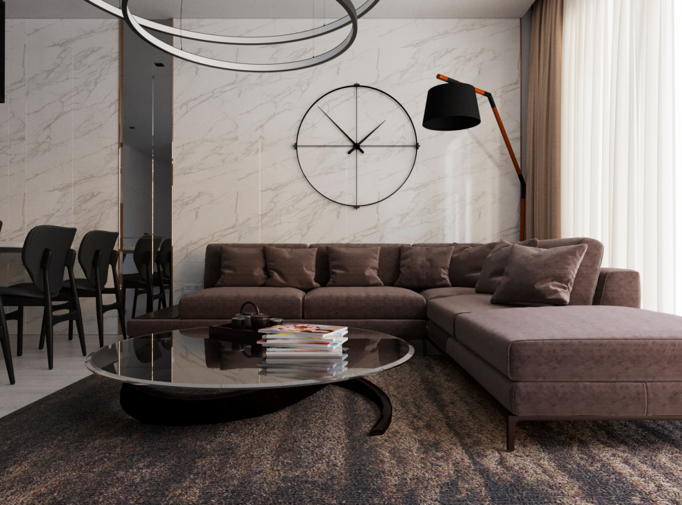 Immagine di un soggiorno contemporaneo di medie dimensioni con pareti bianche, pavimento in laminato, TV a parete, pavimento bianco e boiserie