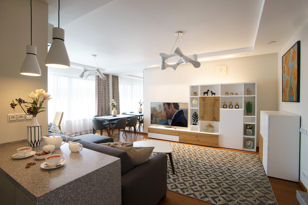 Foto de salón contemporáneo con paredes blancas, televisor independiente y suelo marrón