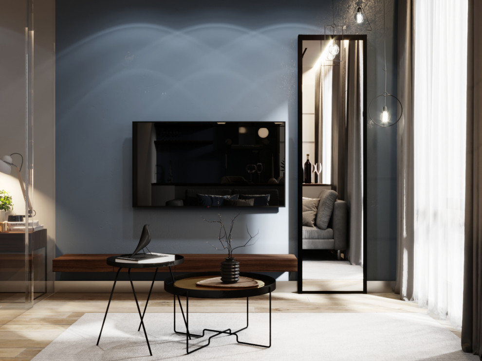 Стильный дизайн: парадная, открытая гостиная комната в современном стиле с телевизором на стене - последний тренд