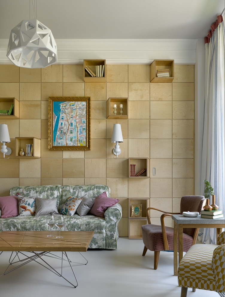 Источник вдохновения для домашнего уюта: изолированная гостиная комната среднего размера в современном стиле с серыми стенами, бетонным полом, отдельно стоящим телевизором и белым полом