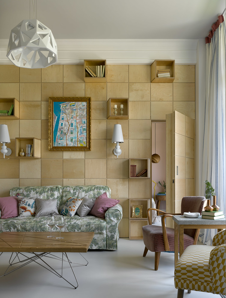 Inspiration för mellanstora moderna separata vardagsrum, med betonggolv, vitt golv och beige väggar