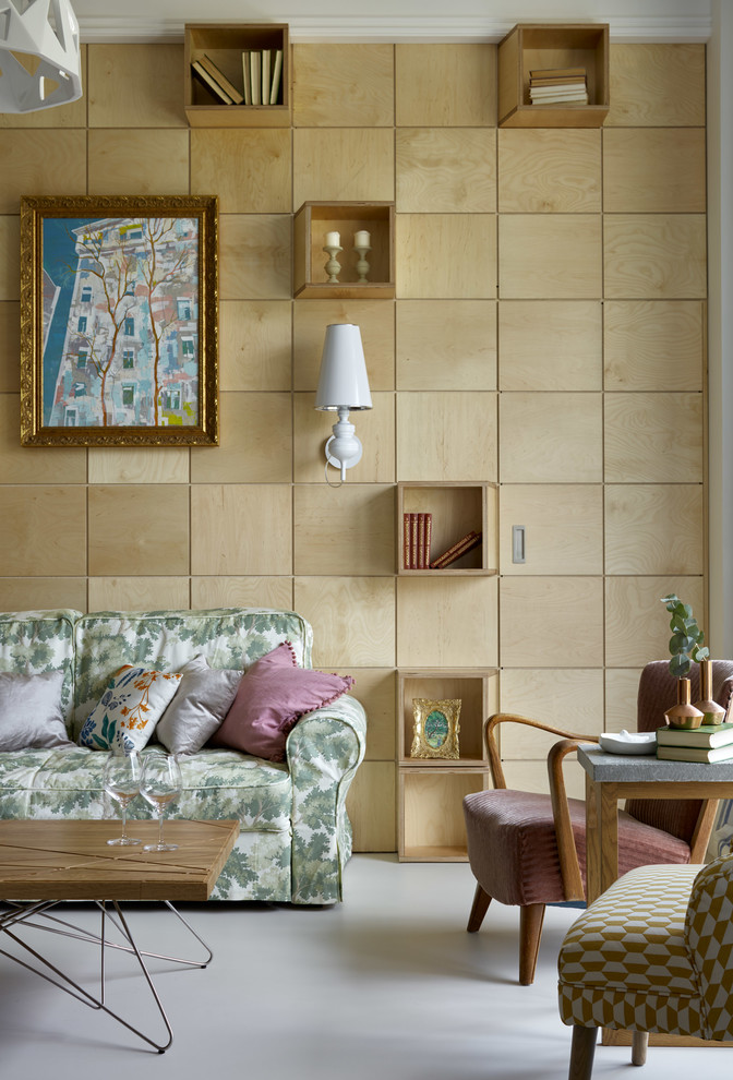 Exempel på ett mellanstort modernt separat vardagsrum, med beige väggar, betonggolv och vitt golv