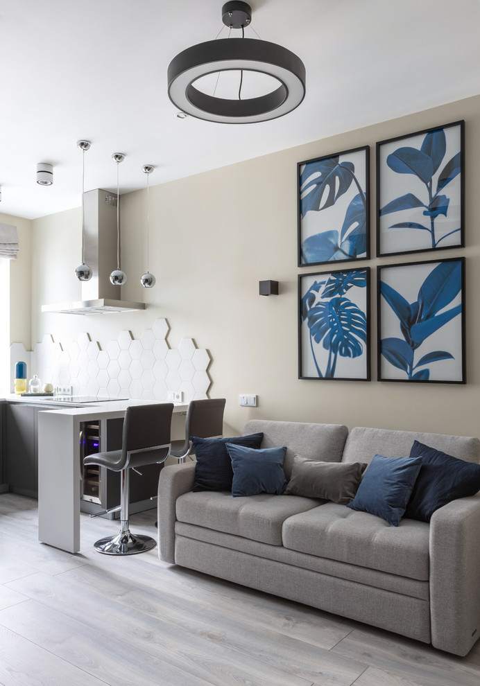 Kleines, Offenes Modernes Wohnzimmer mit grauer Wandfarbe, Laminat, TV-Wand und grauem Boden in Moskau
