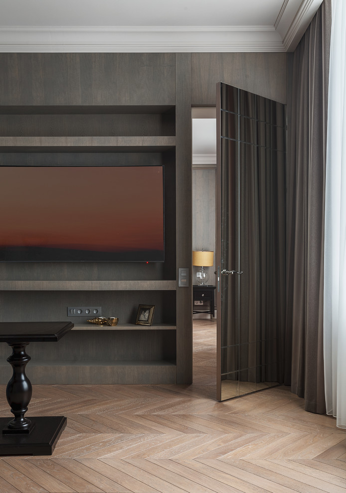 Источник вдохновения для домашнего уюта: гостиная комната в стиле неоклассика (современная классика) с тюлем на окнах