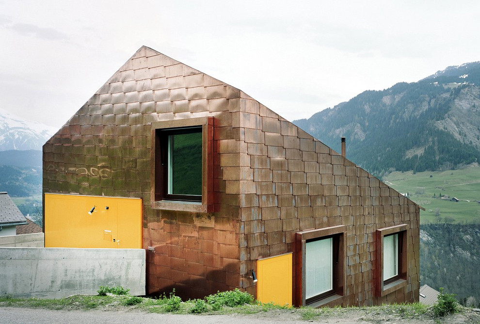 Idee per la casa con tetto a falda unica piccolo marrone contemporaneo a due piani con rivestimento in metallo