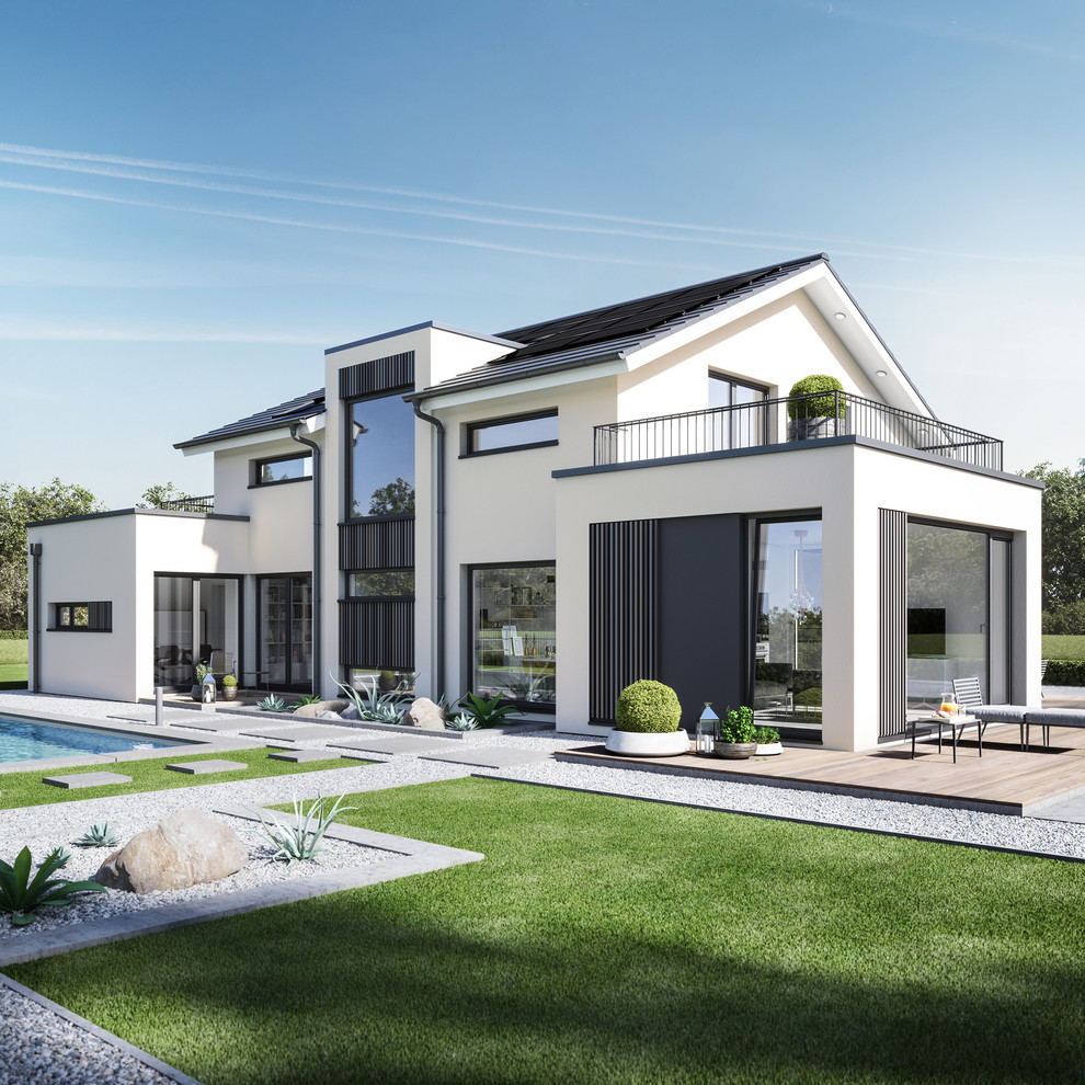 Großes, Zweistöckiges Modernes Einfamilienhaus mit Mix-Fassade, weißer Fassadenfarbe, Satteldach und Ziegeldach in Hannover