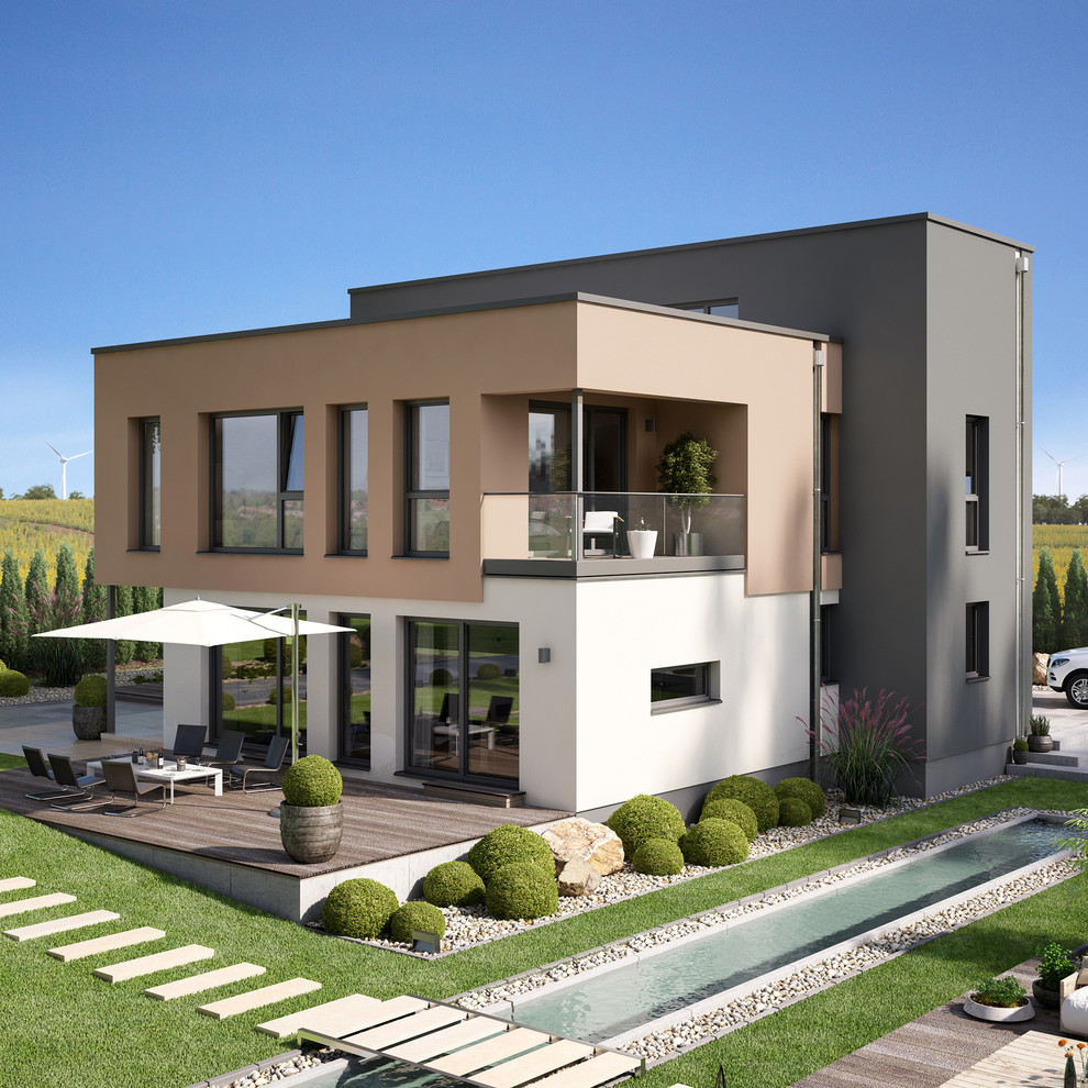 Großes, Dreistöckiges Modernes Einfamilienhaus mit Mix-Fassade, bunter Fassadenfarbe, Flachdach und Misch-Dachdeckung in Sonstige