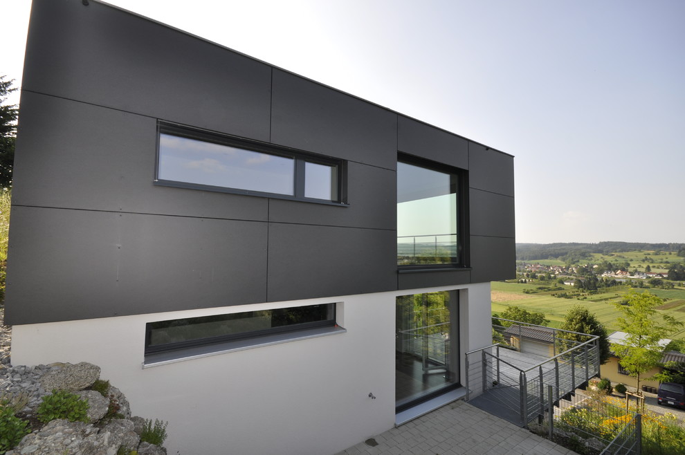 Immagine della facciata di una casa nera contemporanea a due piani di medie dimensioni con tetto piano e rivestimenti misti