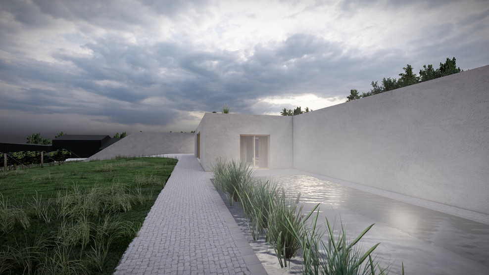 Idée de décoration pour une grande façade de maison grise minimaliste en stuc de plain-pied avec un toit plat et un toit végétal.