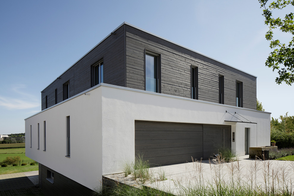 Idée de décoration pour une grande façade de maison minimaliste à deux étages et plus avec un revêtement mixte et un toit plat.