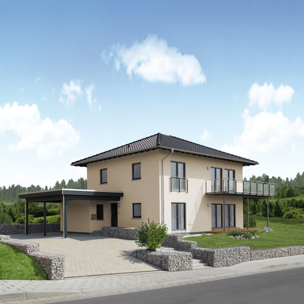 Zweistöckiges Modernes Einfamilienhaus mit Putzfassade, beiger Fassadenfarbe, Walmdach und Ziegeldach in Sonstige