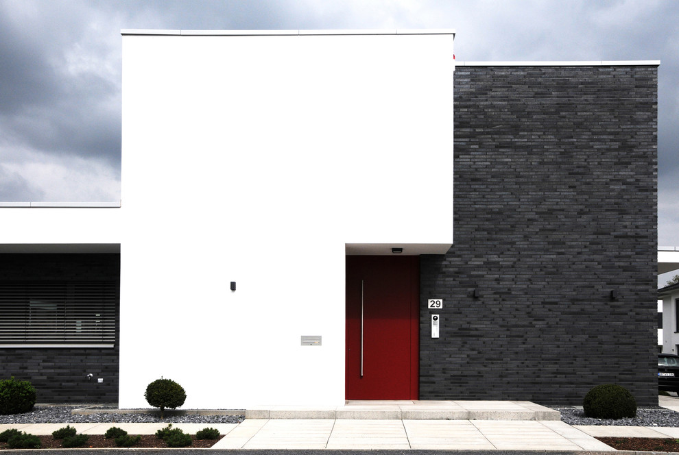 Cette image montre une façade de maison multicolore minimaliste à un étage avec un revêtement mixte et un toit plat.