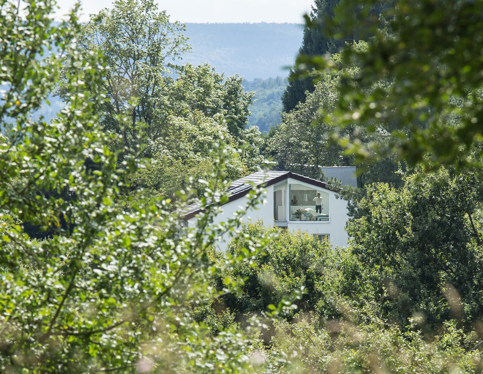 Foto de fachada de casa blanca actual de tamaño medio de una planta con tejado de un solo tendido y tejado de teja de barro