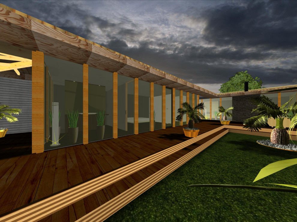 Idée de décoration pour une petite façade de maison marron design en verre de plain-pied avec un toit à quatre pans et un toit en shingle.