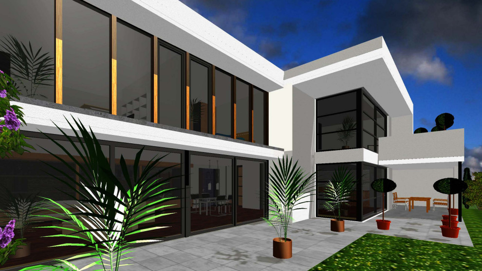 Design ideas for a medium sized and white contemporary bungalow render detached house in Other with a flat roof.