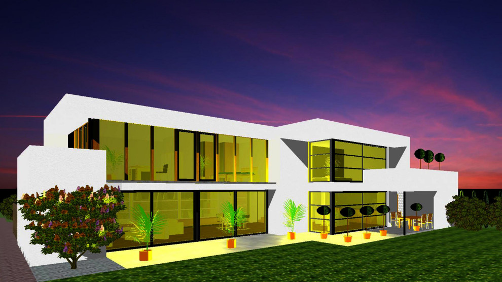 Ejemplo de fachada de casa blanca actual de tamaño medio de una planta con revestimiento de estuco y tejado plano