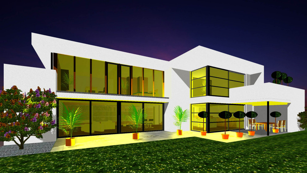 Modelo de fachada de casa blanca contemporánea de tamaño medio de una planta con revestimiento de estuco y tejado plano