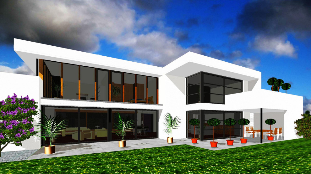 Mittelgroßes, Einstöckiges Modernes Einfamilienhaus mit Putzfassade, weißer Fassadenfarbe und Flachdach in Sonstige