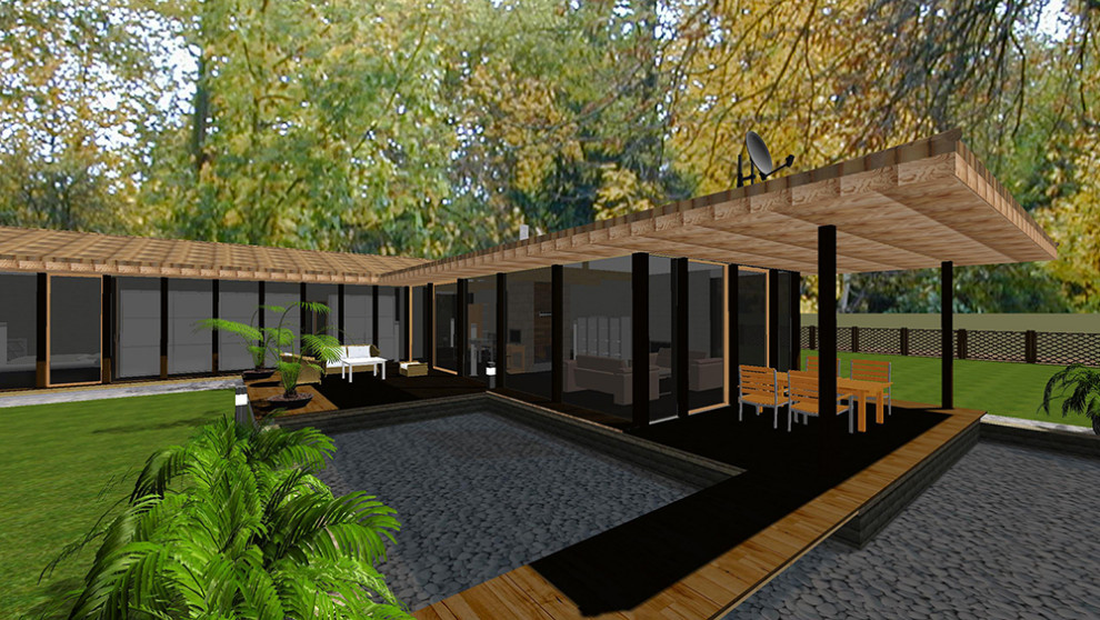 Idéer för små funkis bruna hus, med allt i ett plan, glasfasad, valmat tak och tak i shingel