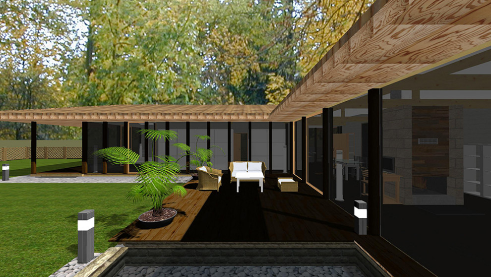 Kleines, Einstöckiges Modernes Einfamilienhaus mit Glasfassade, brauner Fassadenfarbe, Walmdach und Schindeldach in Sonstige