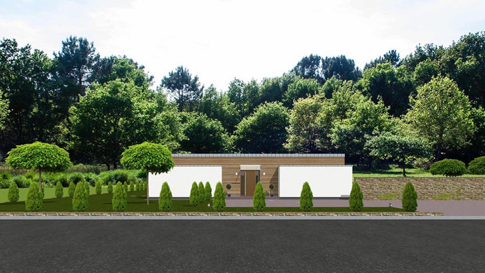Medium sized and white contemporary bungalow glass detached house in Other with a flat roof.