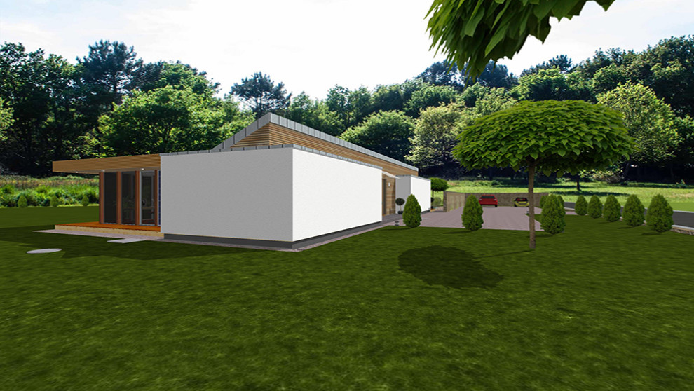 Idee per la villa bianca contemporanea a un piano di medie dimensioni con rivestimento in vetro e tetto piano