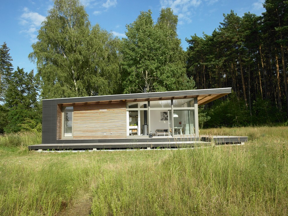 Modern inredning av ett litet grått hus, med allt i ett plan, blandad fasad och pulpettak