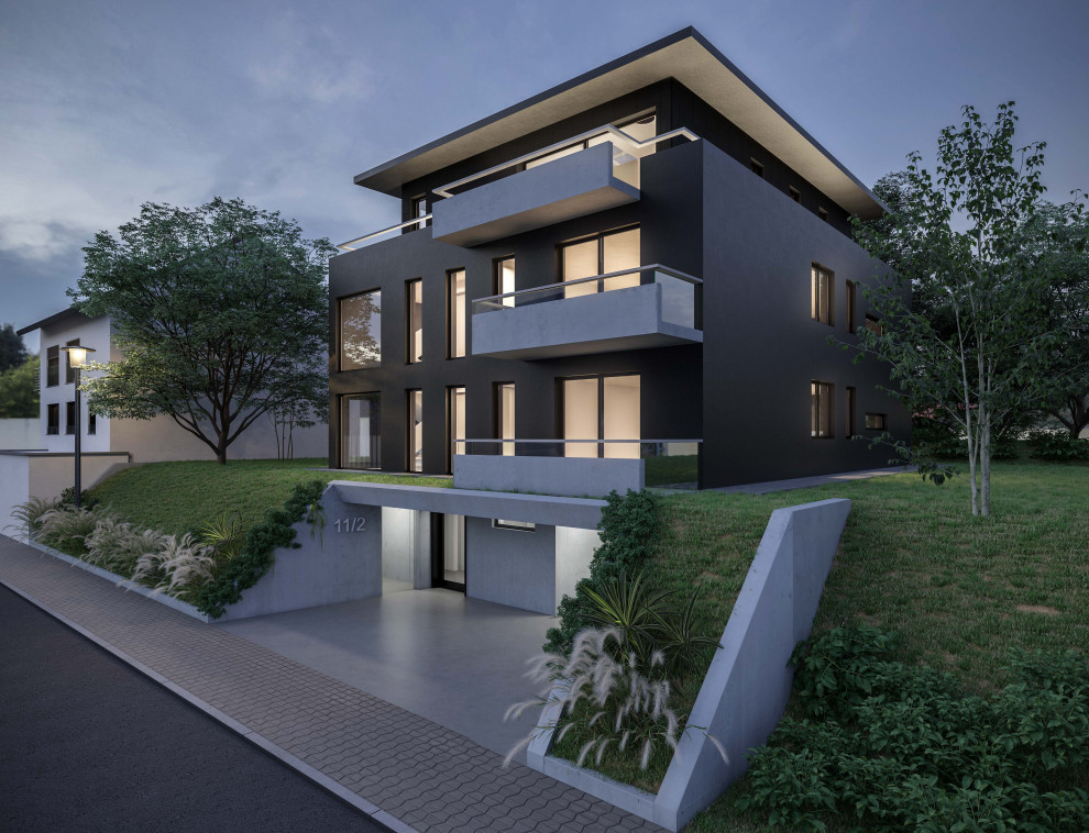 Идея дизайна: трехэтажный, серый многоквартирный дом среднего размера в современном стиле с облицовкой из бетона, плоской крышей и зеленой крышей